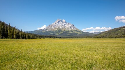 Fototapeta premium Majestic mountain peak overlooks vast meadow, sunny day. Landscapes
