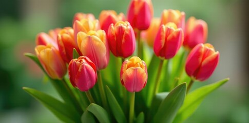 Naklejka premium Delicate tulip stems entwined with greenery, forming a lush bouquet centerpiece, bouquet, garden, heart