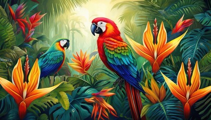 Obraz premium Vibrant summer exploration in a lush tropical paradise with colorful parrots