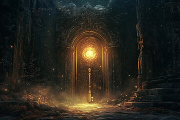 Obraz premium Mysterious door opening to a starry night with two moons illuminating the path in a fantasy landscape