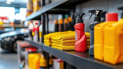 Fototapeta premium Shelves Displaying Car Cleaning Products and Accessories in a Modern Garage with Bright Colors and Organized Layout