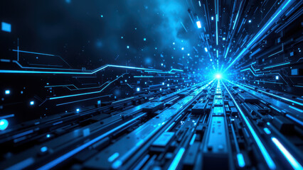 Futuristic industrial tunnel with digital data flow.
