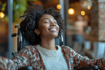Happy young African American black woman on a wheelchair. Diversity and inclusion concept. Happiness and independence over disability. Praying Lord for a miracle and healing	