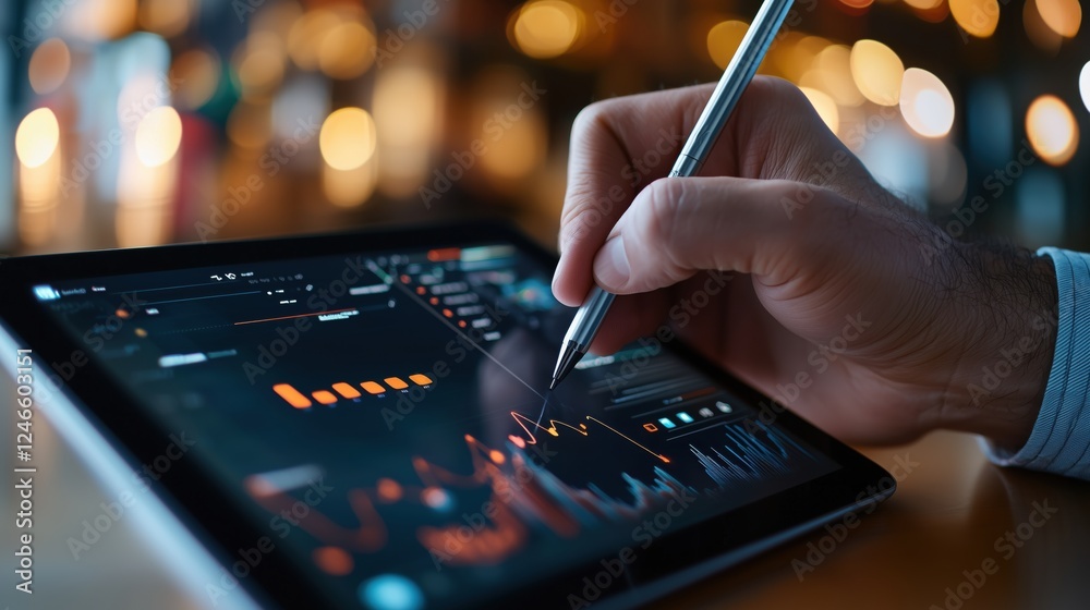 Poster hand holding pen analyzing data on tablet screen with colorful graphs and charts in blurred backgrou