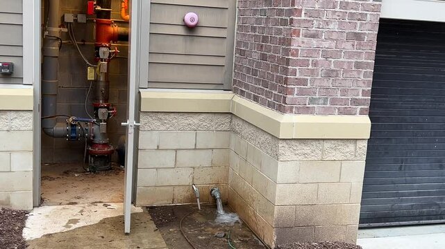 Fire sprinkler riser room with water rushing out of a pipe
