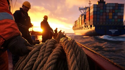 A team of deckhands pulling thick mooring ropes on the deck of a cargo ship, with massive cargo containers stacked high in the background under the golden light of sunrise