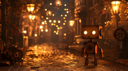 Obraz premium paper steam-powered robot standing in a Victorian-style street, surrounded by glowing lanterns and gears 