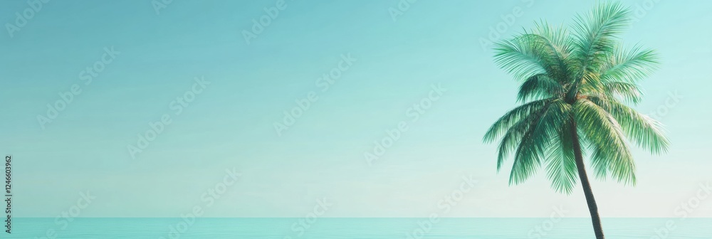 Aufkleber discover paradise with a tropical beach view featuring a coconut palm and serene turquoise waters. g