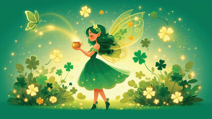 A whimsical fairy with clover-shaped wings wearing a green dress, surrounded by glowing shamrocks. The fairy is sprinkling gold dust over a meadow filled with clovers 8 © Animasi