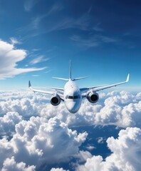 Single white trail behind an aircraft on a bright blue sky with few clouds , condensation trails, airplane trails, blue sky
