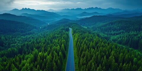 Aerial View of Lush Green Forest and Majestic Mountains Under Soft Cloudy Sky with Winding Road Cutting Through the Landscape