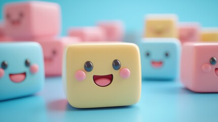 Cheerful 3D Blocks with Smiling Faces in a Vibrant Colorful Scene for Playful and Creative Imagination