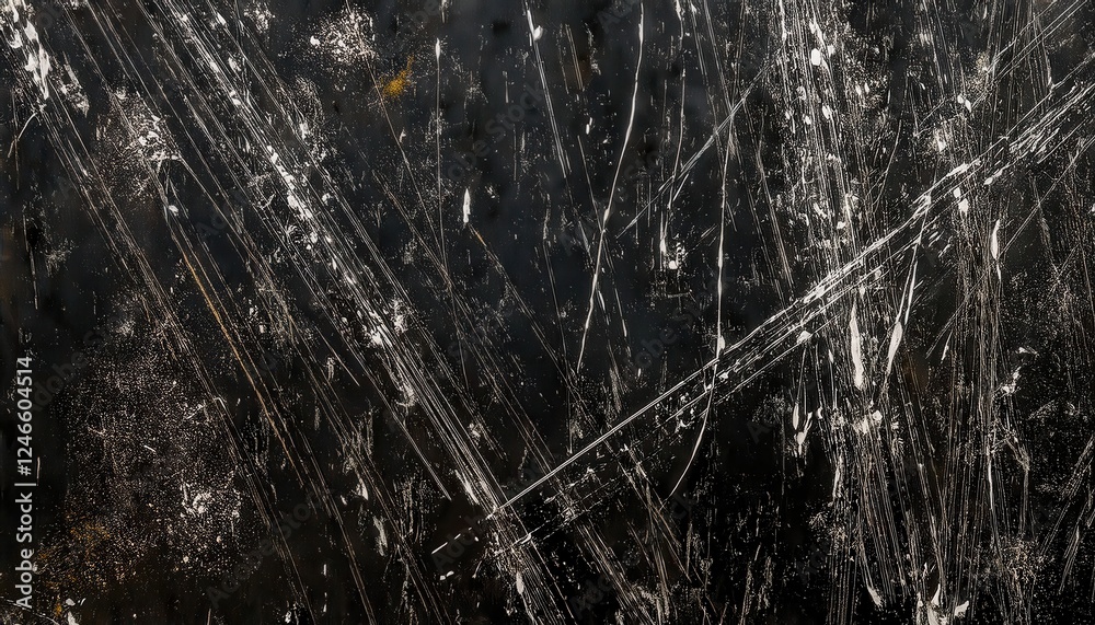 Poster grunge scratched black texture with diagonal lines and abstract marks for industrial design and vintage graphic projects

