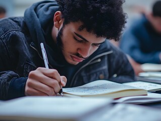 Focused Student Deeply Immersed in Studying and Taking Detailed Notes During an Intensive Academic Session at College or University