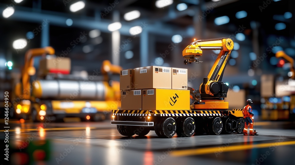 Poster detailed view of automated warehouse system with robotic loader handling cardboard boxes in busy log
