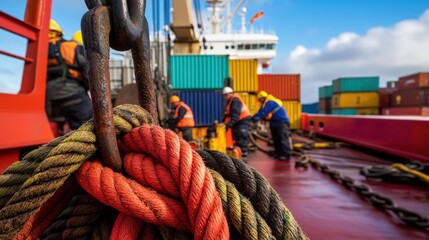 Deckhands on the cargo ship open deck, securing heavy mooring ropes to a winch, with stacks of colorful shipping containers and a bright blue sky creating a dynamic background