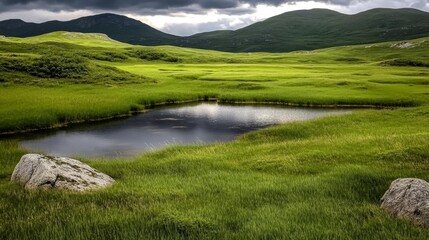 Green Meadow with Pond Reflecting Overcast Sky and Hills