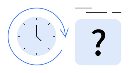 Clock face with blue circular arrow indicating time and a question mark in a blue square raising uncertainty. Ideal for scheduling, planning, deadlines, productivity, efficiency, decision-making