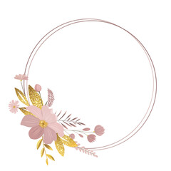 Floral wreath with gentle meadow flowers and golden leaves. Delicate botanical frame for greeting card, invitation.
