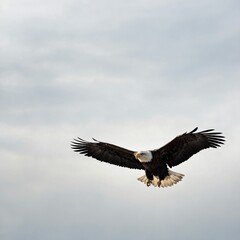 Obraz premium Eagle Silhouette: A striking black silhouette of an eagle in mid-flight, contrasted sharply against a white background.