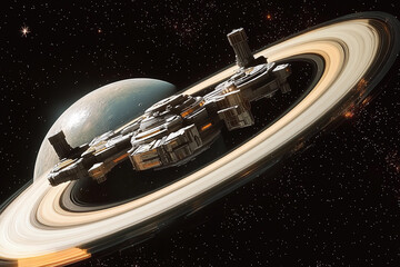 Spaceship navigating the rings of a distant planet in a serene outer space environment during twilight