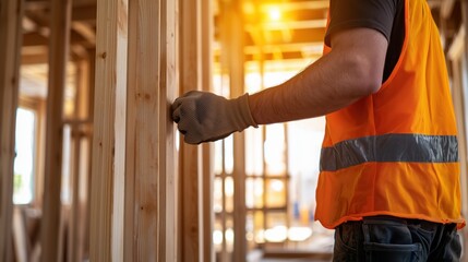 Construction Worker in Safety Vest Installing Wooden Frames at a Building Site with Sunlight Streaming Through the Structure