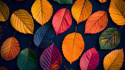Fototapeta premium Colorful autumn leaves arranged on a dark background displaying various shapes and hues.