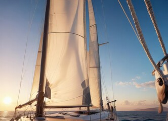 Obraz premium Sails are being hoisted on a yacht in preparation for a sea trip , horizon, mast