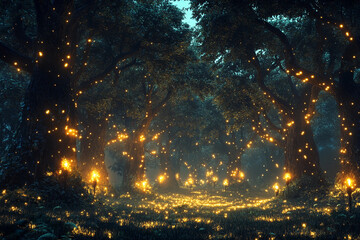 Naklejka premium Enchanted forest filled with glowing lights and magical atmosphere at night