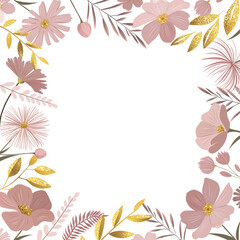 Gentle floral frame for greeting card, wedding invitation. Square template with golden leaves and pastel meadow flowers.