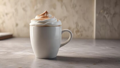 Rich and thick espresso topped with fluffy white foam in a ceramic mug , rich, thick