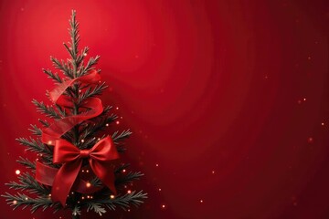 Red ribbon wraps around bare Christmas tree branches on a dark red background, christmas, winter, bow