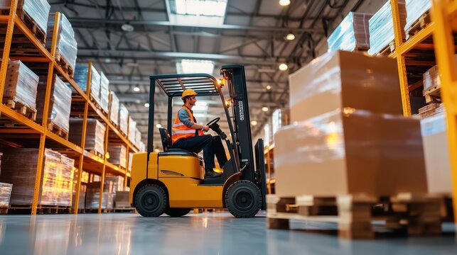 Warehouse worker operating a yellow forklift in a spacious storage facility with stacked pallets and shelves filled with goods