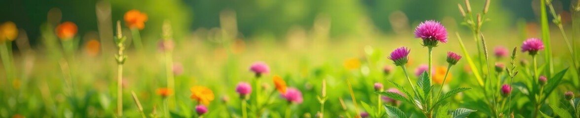 Red clover in full bloom amidst a lush meadow, nature scenery, blooming grasses, wildflowers