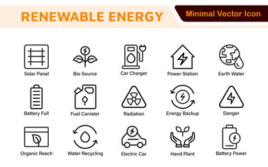Renewable Energy Icon Set. A dynamic collection of icons showcasing sustainable energy solutions, perfect for environmental projects, educational materials, and green technology applications.