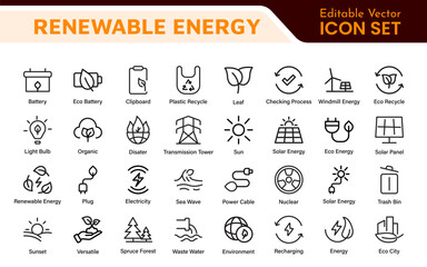 Renewable Energy Icon Set. A dynamic collection of icons showcasing sustainable energy solutions, perfect for environmental projects, educational materials, and green technology applications.