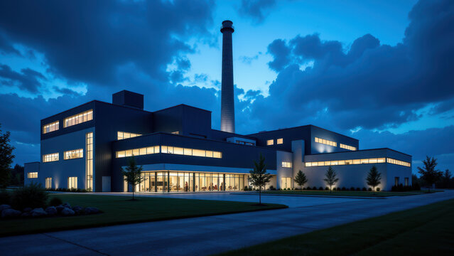 An industrial complex at night with a prominent smokestack.