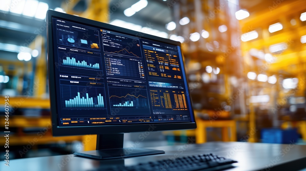 Poster detailed view of a modern computer monitor displaying financial data and analytics in a warehouse en