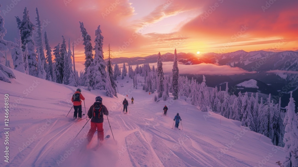 Poster groups of skiers navigate down a snowy slope while enjoying a stunning sunset view. the landscape is