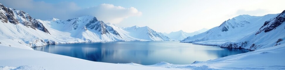 Snowy mountains with a frozen lake in the distance, wide, natural