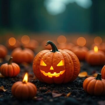 Petite citrouille jaune ?clair?e par de minuscules lanternes cerises, Halloween pumpkin, pumpkin patch