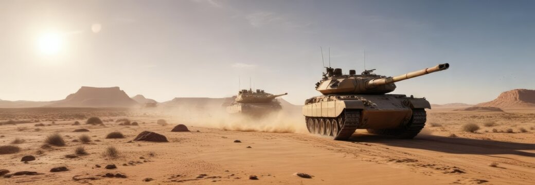 Realistic illustration of tanks advancing in the desert, isolated, white