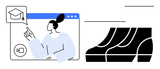 Woman pointing at graduation cap icon in video call interface, with two walking footprints. Ideal for remote learning, online education, graduation, virtual communication, webinars, online meetings