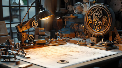 steampunk railway with a steam-powered train crossing a paper bridge over a mechanical river 