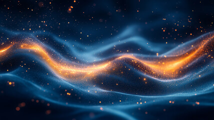 Obraz premium Abstract waves of light and color create mesmerizing visual effect, blending blue and orange hues with sparkling particles, evoking sense of depth and movement