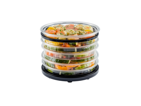 A stack of colorful, layered salad featuring fresh vegetables and garnishes in a round, segmented container.