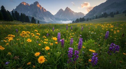 Alpine Meadow Sunset Wildflowers Majestic Mountains