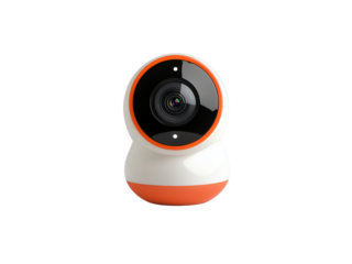A sleek, modern security camera designed with a round lens and vibrant orange detailing, Isolated on white background.