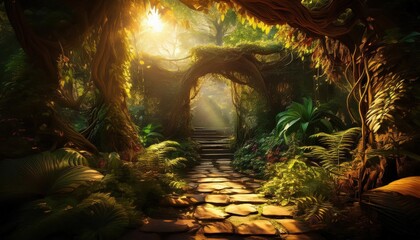 Embracing the warmth of summer in a vibrant and lush forest pathway