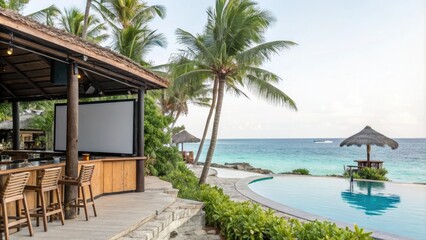 Fototapeta premium Poolside bar and restaurant with tropical decor and ocean views, tropical decor, relaxed atmosphere, ocean views